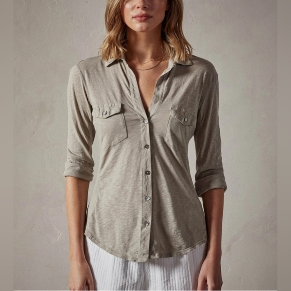 Sheer Silt color Slub Side Panel Shirt button up - Picture 3 of 15